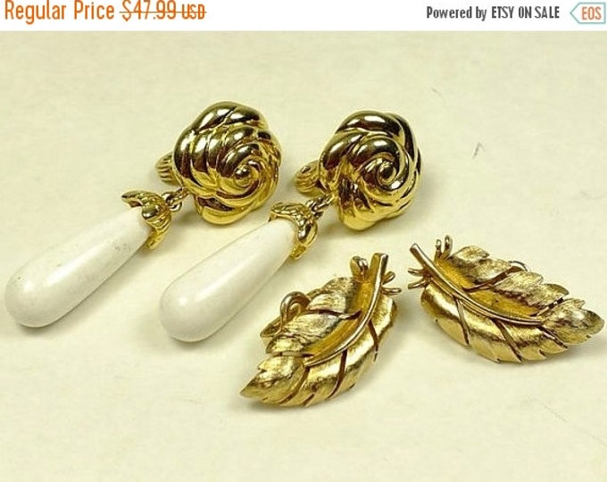 Storewide 25% Off SALE Beautiful Vintage Assorted Set of Two Monet & Trifari Signed Designer Earrings Featuring Gold Tone Floral Style Accen