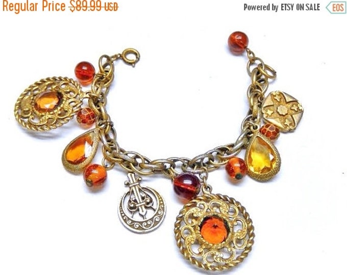 Storewide 25% Off SALE Beautiful Vintage Artisan Designed Amber Charm Bracelet Featuring Beautiful Assorted Original Collectable Charms & Si