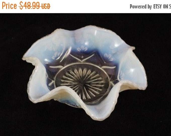 Storewide 25% Off SALE Vintage Opalescent Ruffled Art Glass Centerpiece Bowl Featuring Beautiful Frosted White and Blueish Purple Tones