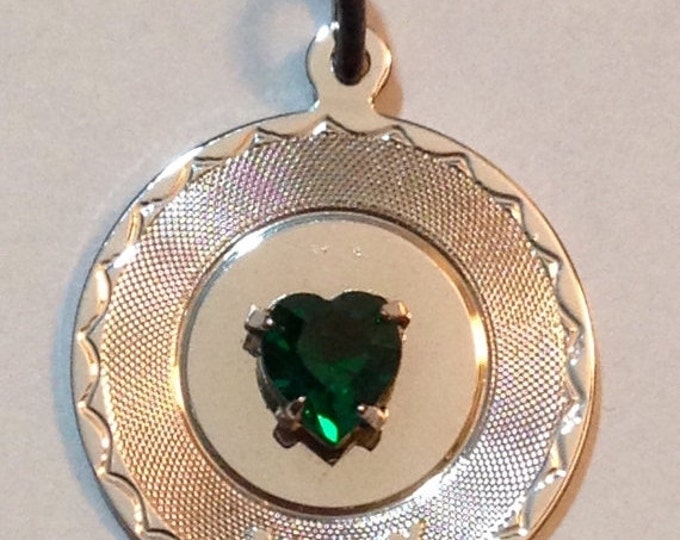 Storewide 25% Off SALE Vintage Sterling Silver MAY Coin Emerald Rhinestone Keepsake Designer Textured Charm Featuring Beautiful Design & Ste