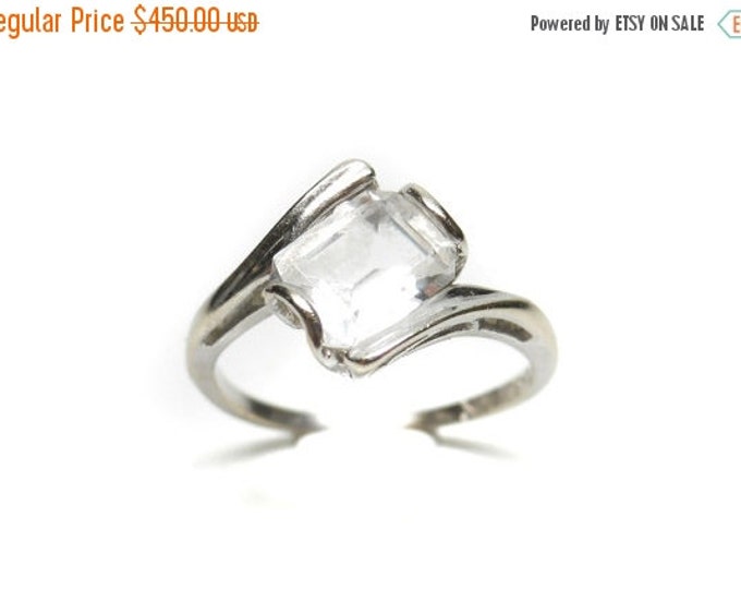 Storewide 25% Off SALE Vintage 10k White Gold Artistic Zircon Solitaire Designer Ring Featuring Clear Cushion Cut Finish Design