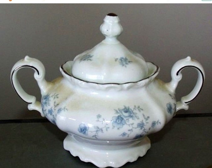 Storewide 25% Off SALE Antique Johann Haviland Bavaria German Porcelain Double Handled & Lidded Sugar Bowl Featuring Beautiful Powder Blue F