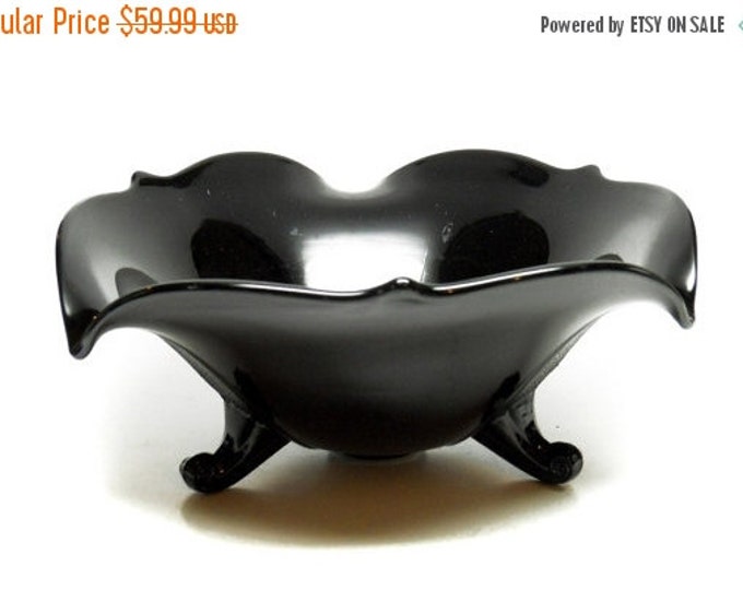 Storewide 25% Off SALE Vintage Rich Black Heavy Glass Footed Centerpiece Bowl Featuring Drop Edge Ruffled Design