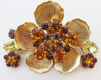 Extraordinary Vintage 1960s Floral Citrine and Light and Dark Topaz Rhinestone Trembler Pin