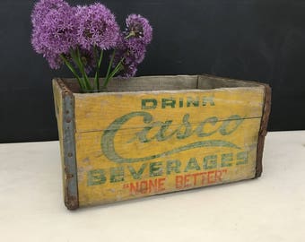 Casco Beverages Wood Crate - Vintage Soda Crate - Portland Maine - Pop Crate - Wooden Crate - Yellow Crate - Advertising - Soft Drink Crate