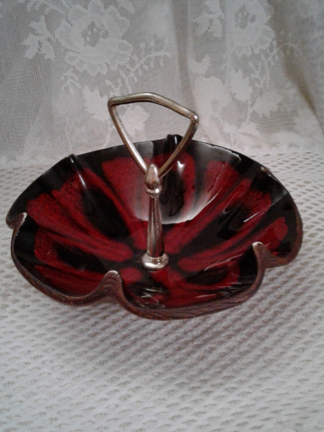 USA Pottery Candy Dish Black Crimson Flower Shaped Ceramic