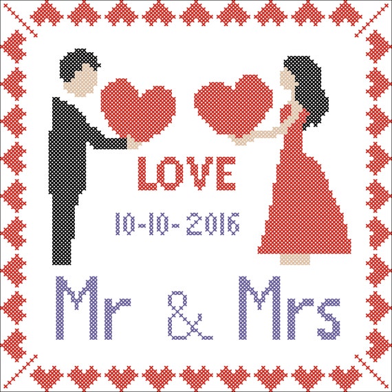 Wedding cross stitch pattern Mr and Mrs Happy Keepsake