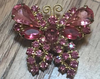 Vintage Butterfly Brooch Pink Rhinestone Pin