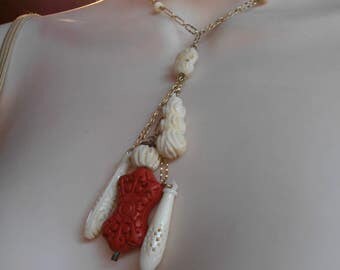Chinese Carved Bone Cinnabar Tassel Necklace