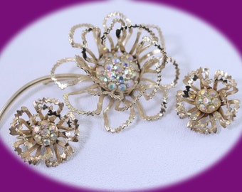 Vintage Brooch Set Sarah Coventry Aurora Borealis Flower Brooch And Earrings Vntage Jewelry Costome Jewelry Bridesmaid Gift