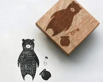 Animal Rubber Stamp of bear, mounted on a wooden block, Original design 2"x2"