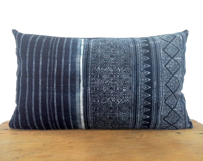 12" x 20" Indigo Vintage Hmong Hand Woven Hemp Batik Pillow Cover, Indigo Boho Throw Pillow, Hill Tribe Ethnic Costume Textile Pillow Case