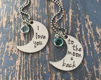 I love you to the moon and back Mother Daughter Moon Necklace Set with birthstone crystal option