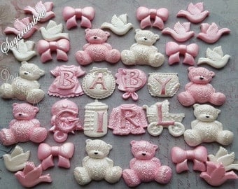 Edible sugar decorations baby shower christening nursery cake cupcake toppers AIRBRUSHED Pink/White Baby girl