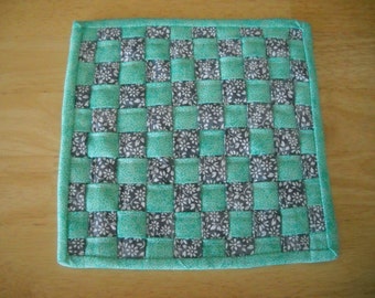 Woven fabric potholder//Woven fabric trivet/Grey and aqua woven fabric potholder/trivet//8" potholder/trivet//Grey and aqua trivet
