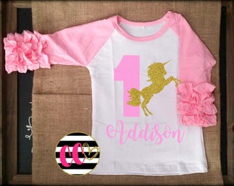 Girl pink and gold ruffle raglan birthday shirt. unicorn birthday ruffle raglan. toddler birthday shirt. unicorn first birthday shirt