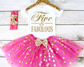 Five and Fabulous. Girls Birthday Outfit. Tutu Set. Girl's 5th Birthday Tutu Outfit. Birthday Outfit Girl. Girl Outfit S6 5BD (HOTPINK)