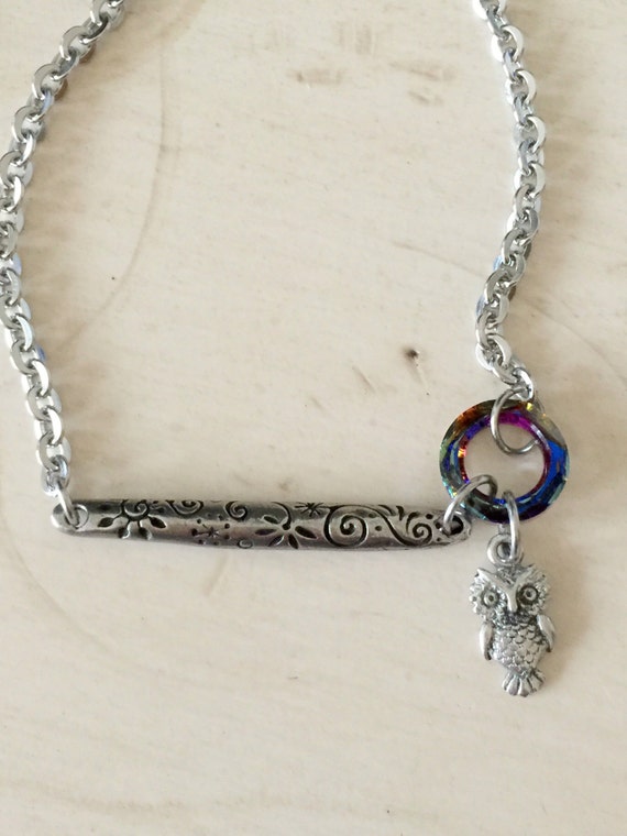 Raise the Bar Pewter Owl & Bar, and Volcano Crystal Ring Necklace