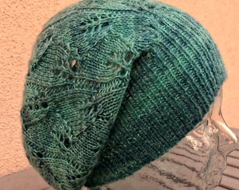 Knit Slouchy Hat, Cashmere Silk Hat, Green Lace Toque, Green Silk Cashmere Beanie, Fall Winter Slouchy, Womens Teens Slouchy, Green Openwork