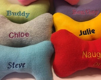 Personalized Embroidered Dog Toy Pet's Name Soft Fleece Toy Bone Shape Gift Poly Stuffed New Puppy
