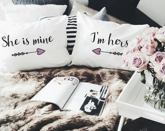 Lesbian Girlfriend Wedding gifts Mrs and Mrs She is Mine I'm Hers pillowcases Couple Pillow cases gift LGBT Pride Personalized bedding decor