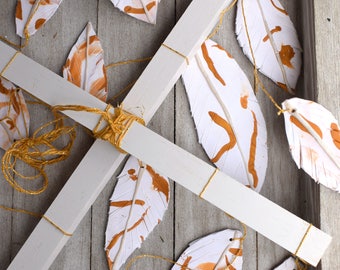 Gold and white feather crib hanging baby mobile, woodland, whimsical, leaf, nature nursery decor, boy or girl baby shower gift, polymer clay