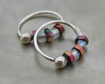 silver hoop earrings - sterling silver hoops - silver beaded hoop earrings