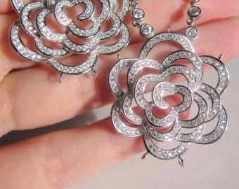 Silver connector camelia rose double chain link focal element pave cubic zirconia CZ crystals link chanel necklace component