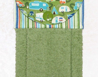 Travel Trailer Decor • Green Hand Towel • Kitchen Towel • Bath Towel • Vintage Camper • Airstream • Caravan • Shasta • Teardrop • A Frame