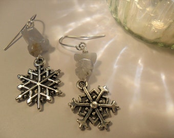 Frost Fairy Earrings ~ Silver Snowflakes with Blue Lace Agate ~ Pagan Yule Christmas Snow Queen Earrings
