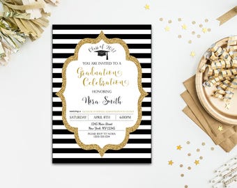 Black & White Stripe Graduation Invitation, Gold Glitter, Customizable Graduation Invite, DIY Printable, 4x6 or 5x7- Digital File