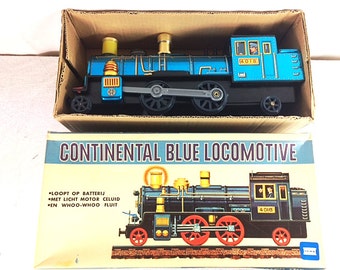 Vintage 70s Tin Toy Train - Made in Japan - Continental Blue Locomotive