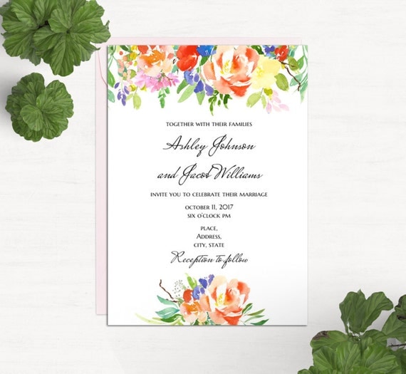 Boho floral wedding invitation Template word Summer invites