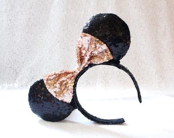 Black Mouse ears rose gold bow, rosegold and black mouse minnie ears, rosegold disney ears, rose gold and black mouse disney ears,