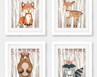 Woodland animals set of four, Fox picture, Woodland theme decor, curious, clever, Nursery decor, Baby shower gift, Kids Wall Art, Little