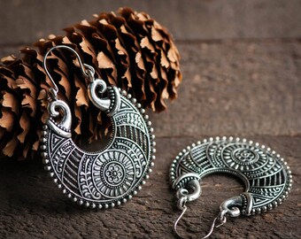 Silver Brass Tribal earrings, Brass hoops, Tribal Hoops, Ethnic earrings, Tribal Jewelry, Tribal Earrings, Carved earrings,Boho Earrings