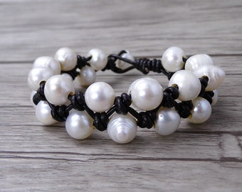 Large pearl bracelet boho pearl bracelet white pearl wrap bracelet Real pearl bracelet Single Leather wrap bracelet pearl jewelry SL-0502