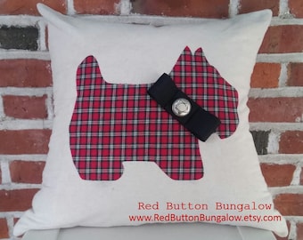 Handmade Scottie Dog Pillow Cover Red Tartan Plaid Scottish Terrier Scotty Christmas Holiday Decor 18" Square