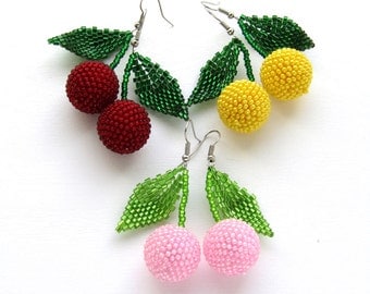 Cherry earrings Beaded earrings statement earrings Fruit earrings Summer jewelry Beads earrings Fruit jewelry summer party summer outdoors