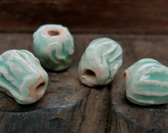 Stoneware Beads Aqua Blue Waves Handmade Pottery