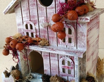Country Cottage Fall Bird House, Rustic Distressed Bird House Decor, Fall Decorations, Bird Lover's Gift, Birds Moss and Paper Flowers