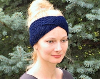 Valentines gift womens headband hand knit headband crochet headband navy blue headband wool hair wrap winter knit ear warmer wraped headband