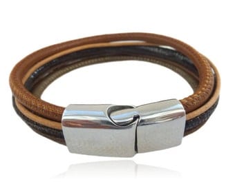 Leather Bracelet multi-row brown, bronze, camel with angular magnetic closure, gifts for her