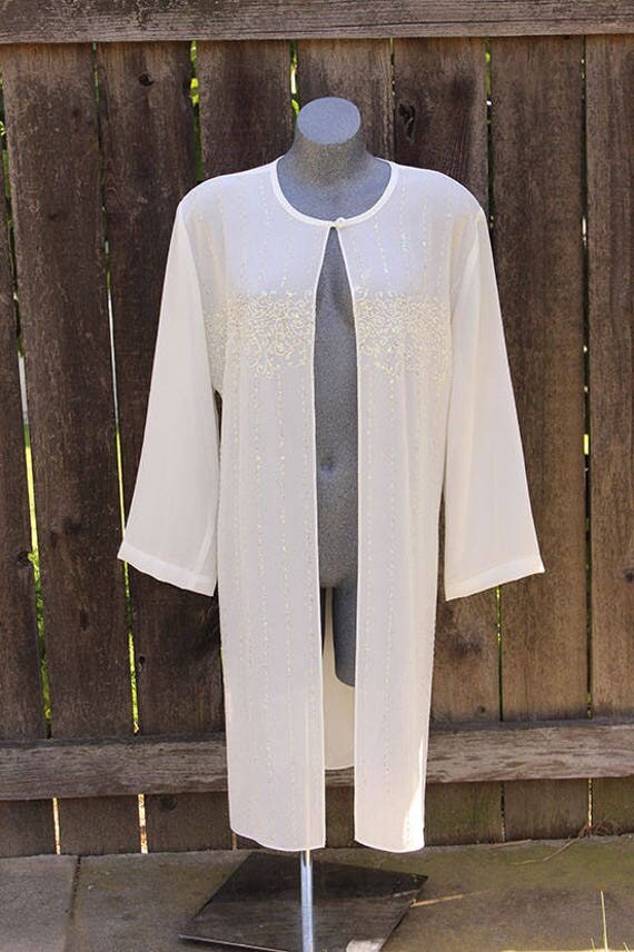Vintage Sheer Duster Cardigan Sequins & Beads Ivory Size 2X