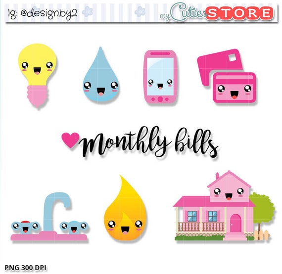 Monthly Bills Kawaii Clipart. Cute bill due clip art set for