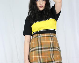 Plaid//Yellow//Black//Orange//High Waisted//Punk//Skirt//Retro//