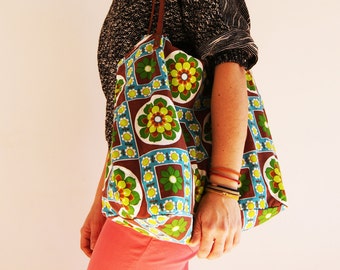 Vintage upholstery fabric and anse recycled leather tote bag