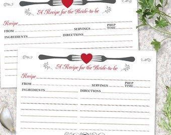 Printable Forked Heart Recipe Card, Bridal Wedding Shower, 6"x4" JPG Instant Download