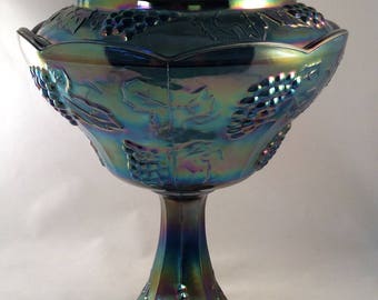 Vintage Indianna Blue Carnival Glass Grape Harvest Compote with Lid