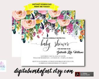 Baby Shower Invitation Template, DIY Editable Baby Shower Template, PDF Instant Download, Watercolor Floral Baby Shower Invitation, BABY2017